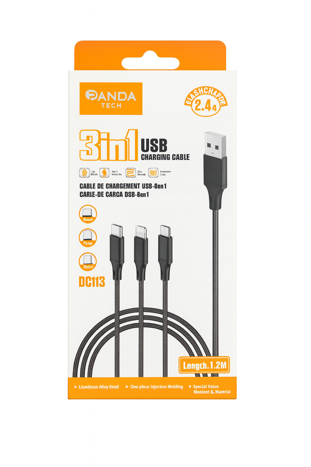 Cable de Carga 3 en 1 USB — 1.2 m · Carga Rápida 2.4A · Micro / iOS / Tipo-C · Panda Tech DC113