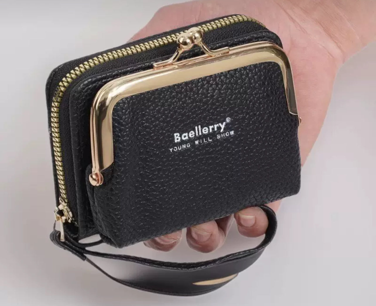 Monedero compacto de piel sintética con doble cremallera y cierre metálico